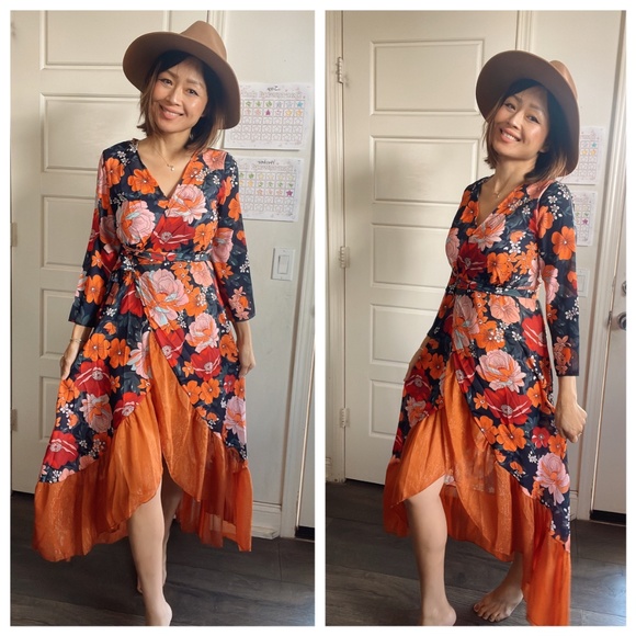 Boho Floral Print Asymmetrical Ruffle Hem Belted Maxi Dress - Picture 12 of 12